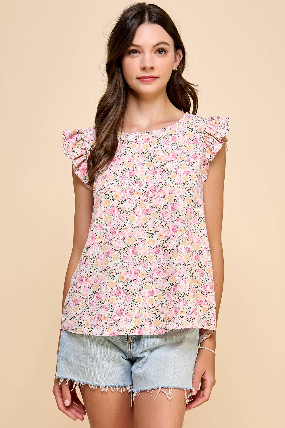 Floral Printed Blouse Top with Short Ruffled Sleeves: Apricot * on sale