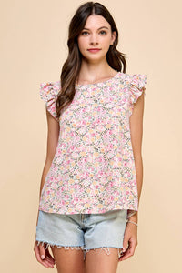 Floral Printed Blouse Top with Short Ruffled Sleeves: Apricot * on sale