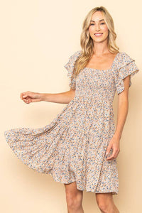 Tiny Floral Flutter Sleeves Smocking Dress: Cream * on sale