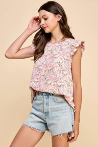 Floral Printed Blouse Top with Short Ruffled Sleeves: Apricot * on sale