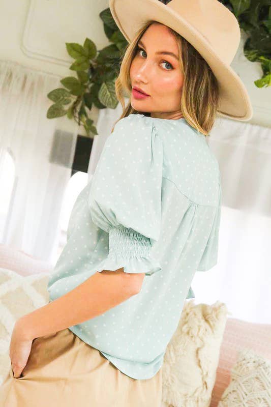 Neckband V Neck Dot Print Woven Blouse Blouse