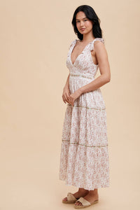 TIERED TIE STRAP MIDI DRESS: MAUVE