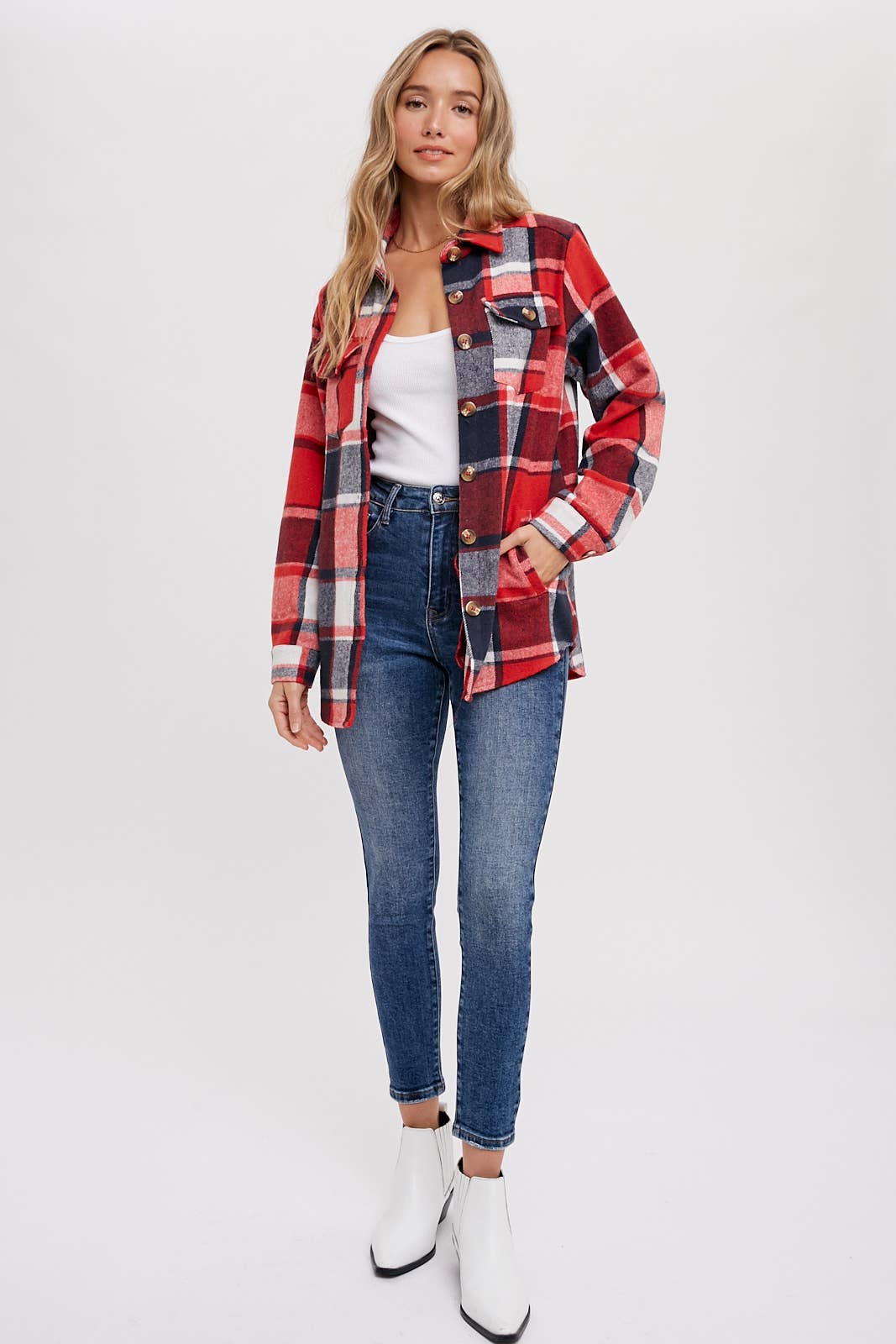 FLANNEL PLAID SHACKET / JACKET WITH POCKETS : RED PLAID