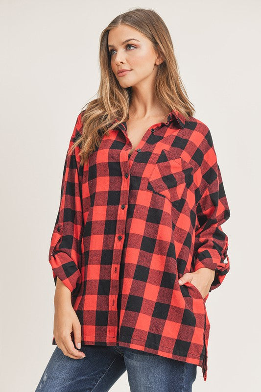 Red and Black flannel button up long sleeve with side pockets *