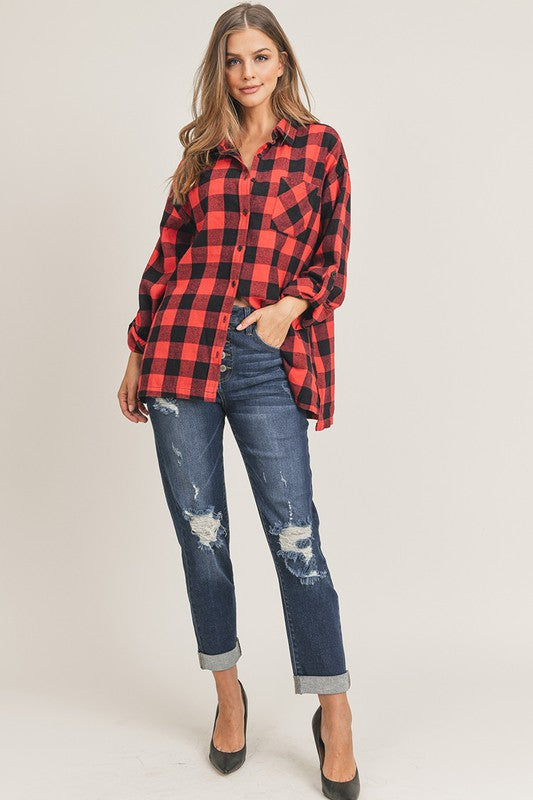 Red and Black flannel button up long sleeve with side pockets *