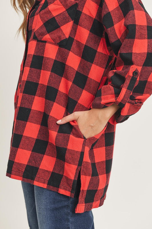 Red and Black flannel button up long sleeve with side pockets *