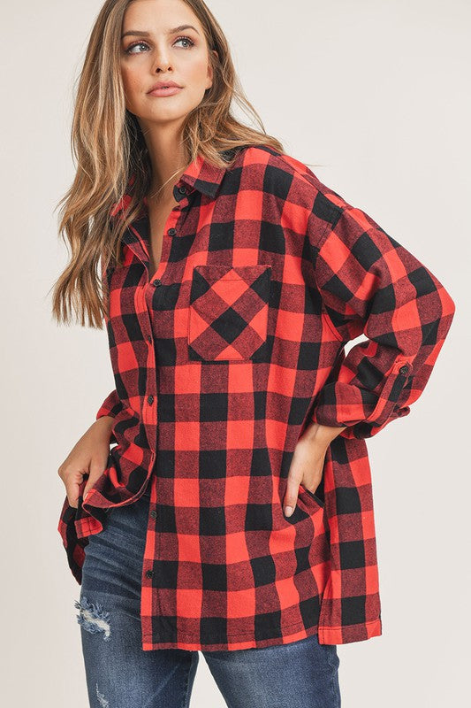Red and Black flannel button up long sleeve with side pockets *