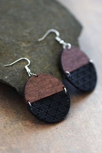 Boho black leather and wood earring set *