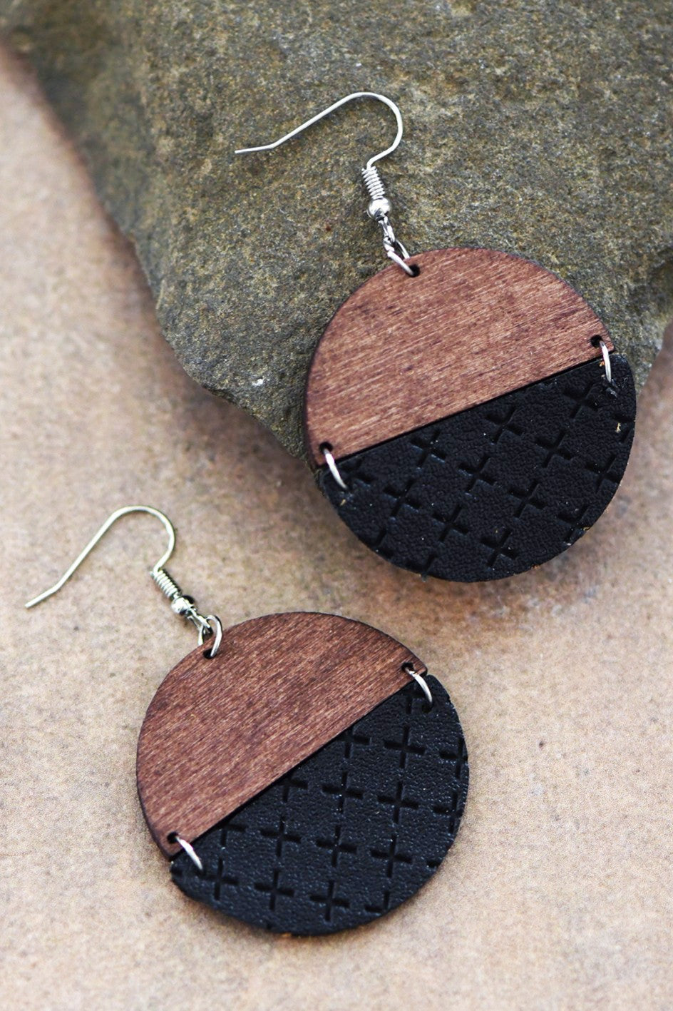 Boho black leather and wood earring set *