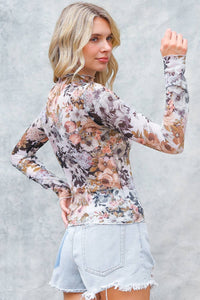 SEMI SHEER FLORAL PRINT MESH TOP: STONE