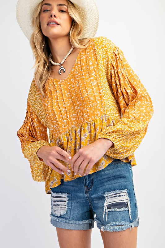 Floral printed blouse top: marigold