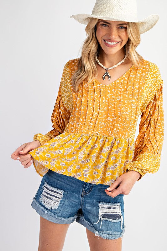 Floral printed blouse top: marigold