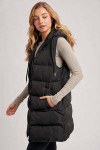 HOODED ZIPPER DOWN LONGLINE PUFFER VEST: Black
