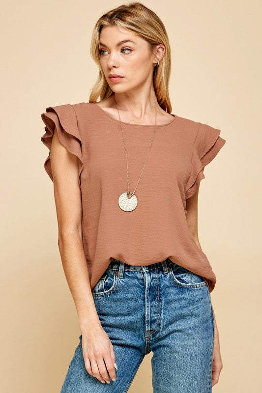 Ruffle cap sleeve blouse in clay *