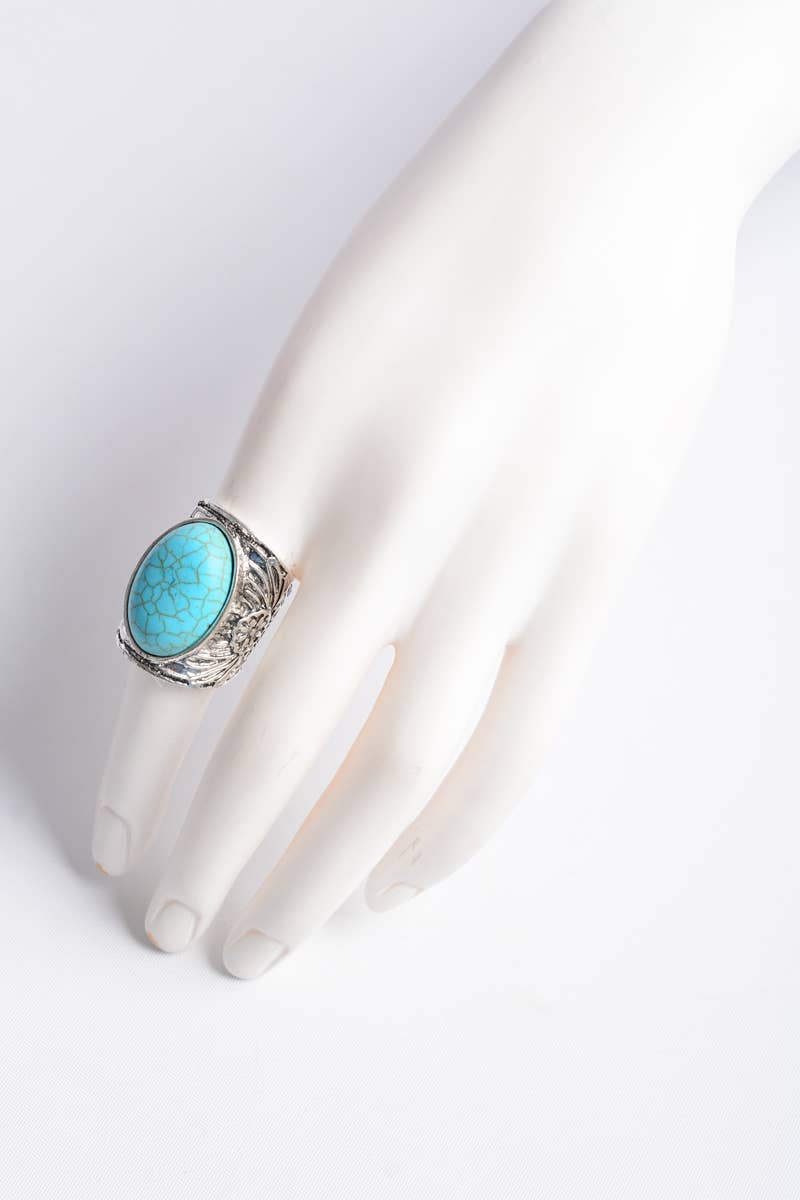 Round Turquoise Stone Floral Engraved Silver Ring * on sale