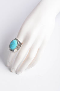Round Turquoise Stone Floral Engraved Silver Ring * on sale