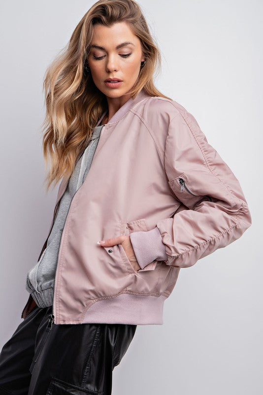Parachute Zip Up Bomber Jacket in Blush