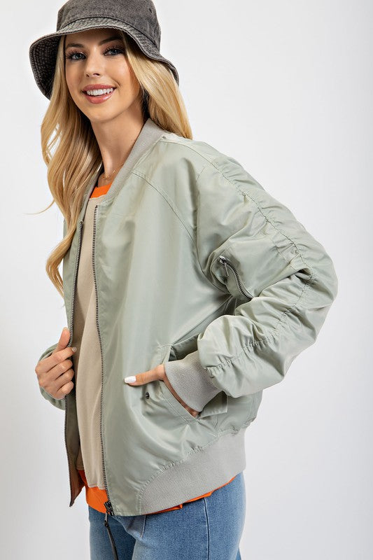 Parachute Zip Up Bomber Jacket in sage