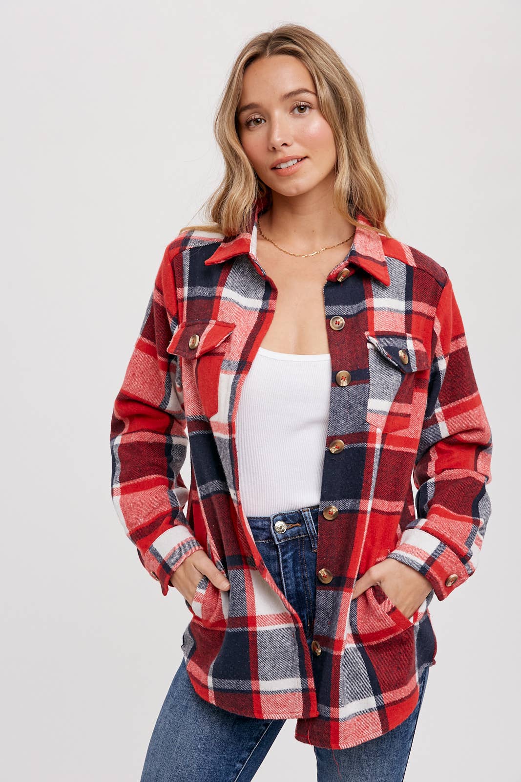 FLANNEL PLAID SHACKET / JACKET WITH POCKETS : RED PLAID