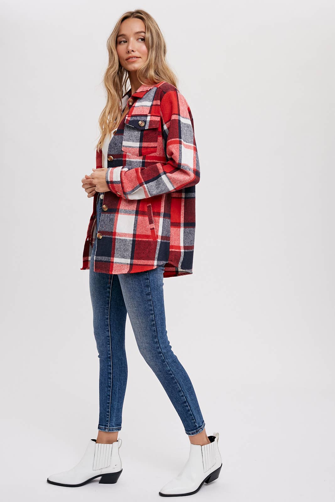 FLANNEL PLAID SHACKET / JACKET WITH POCKETS : RED PLAID