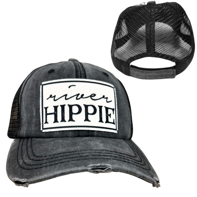 RIVER HIPPIE | UNISEX HAT | DISTRESSED: Black with Black Mesh