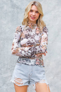 SEMI SHEER FLORAL PRINT MESH TOP: STONE