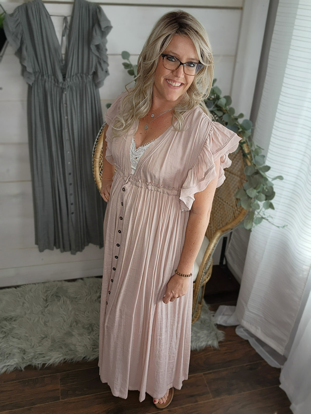 Summer Sunset Boho Linen Gauze Maxi Dress in Sm-3XL Blush Pink *