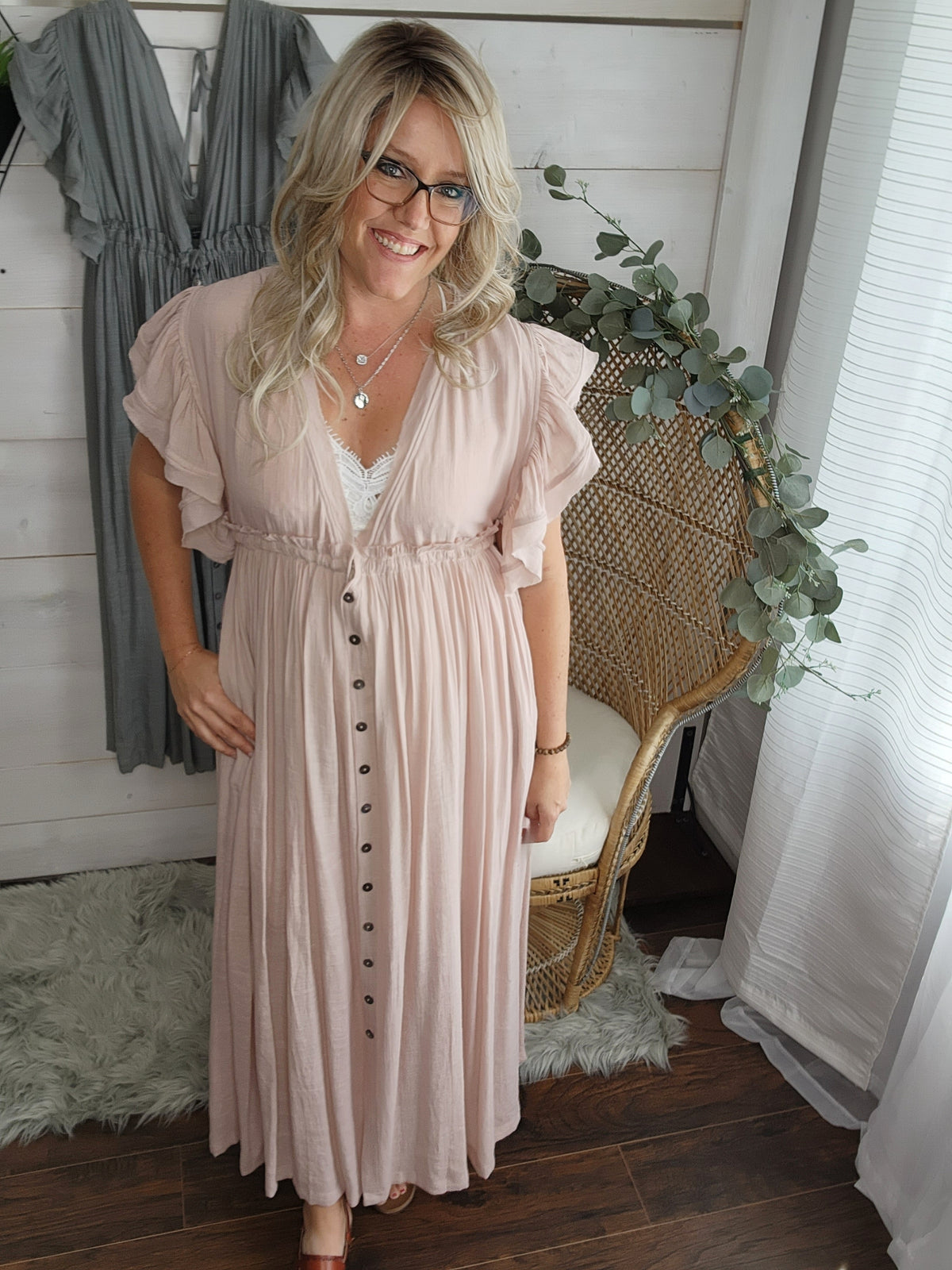 Summer Sunset Boho Linen Gauze Maxi Dress in Sm-3XL Blush Pink *
