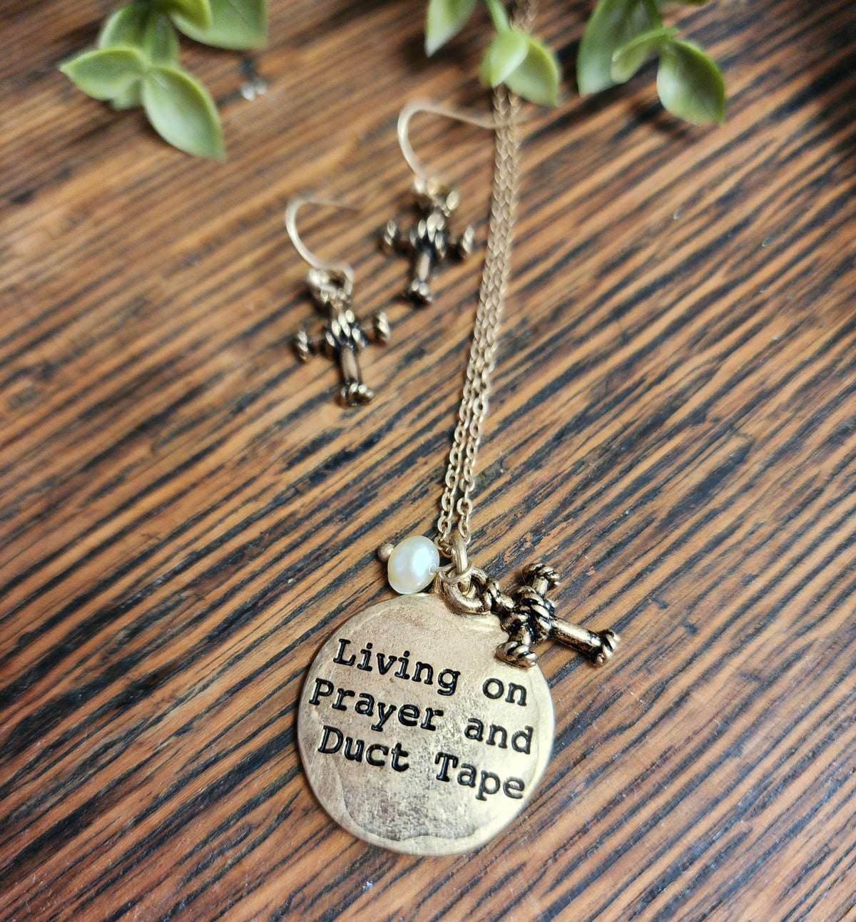 "Living on Prayer and Duct Tape" stamped necklace *