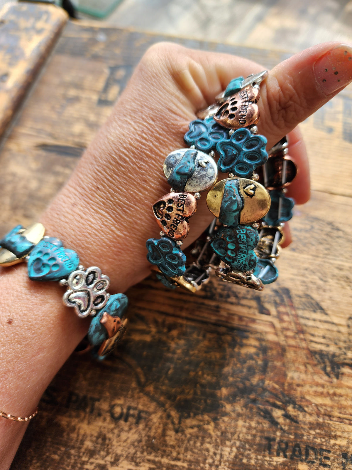 Mixed Puppy Love patina finish stamped bracelet
