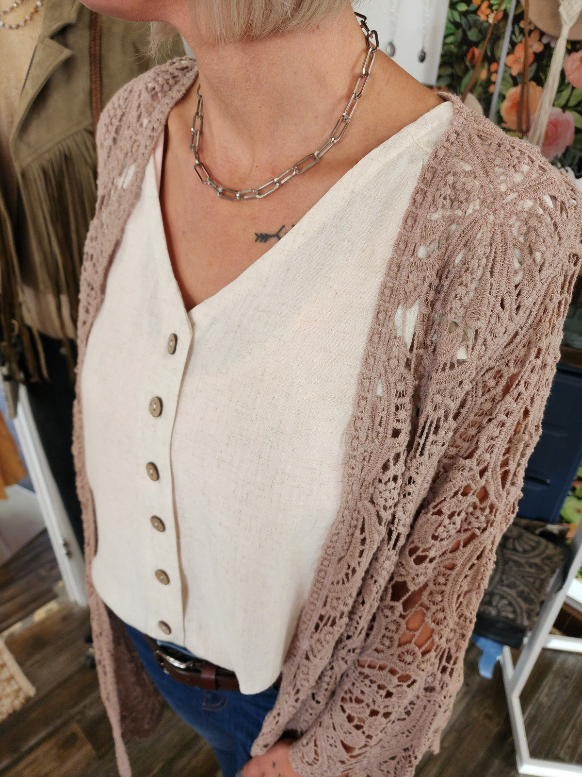 Boho Crochet Lace Sleeves Kimono in Mauve * on sale