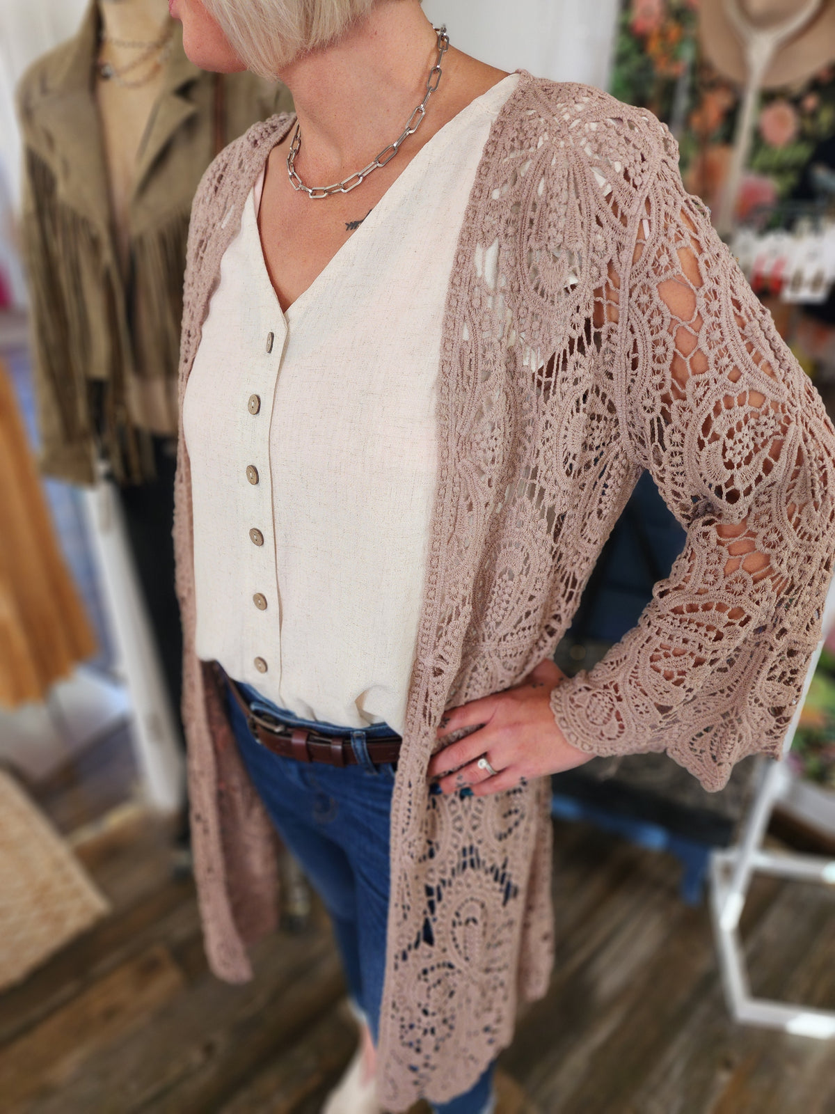Boho Crochet Lace Sleeves Kimono in Mauve * on sale