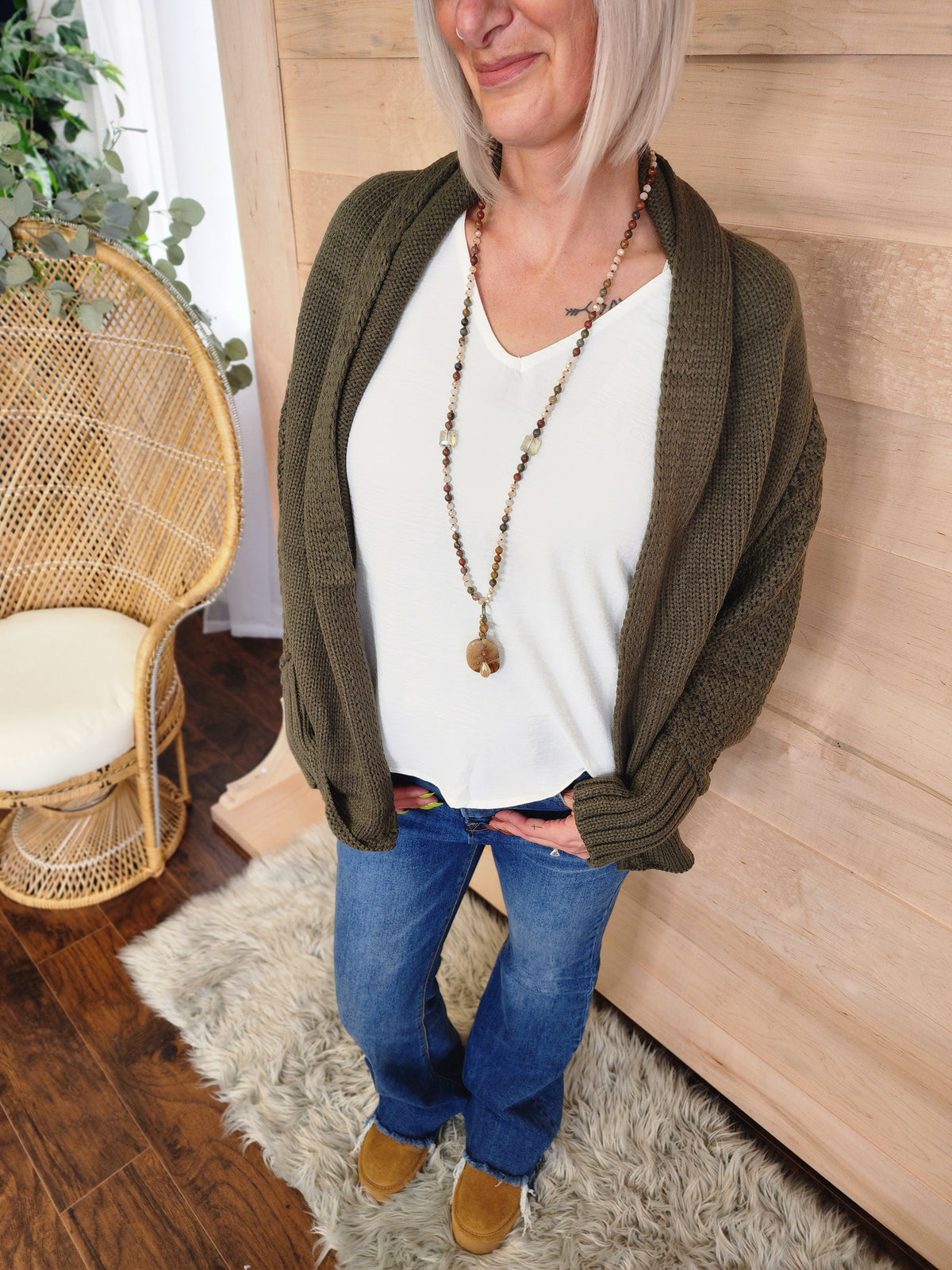 Bat Sleeve Knit Cardigan Olive *