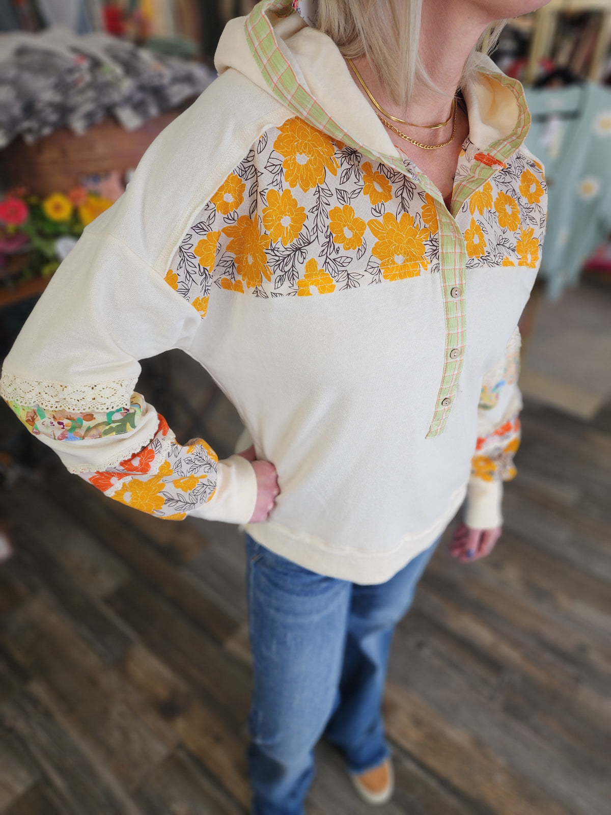 Boho Floral Patch Block long sleeve hoodie by Easel * on sale