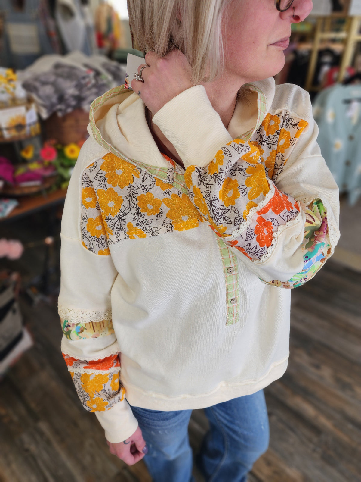 Boho Floral Patch Block long sleeve hoodie by Easel * on sale