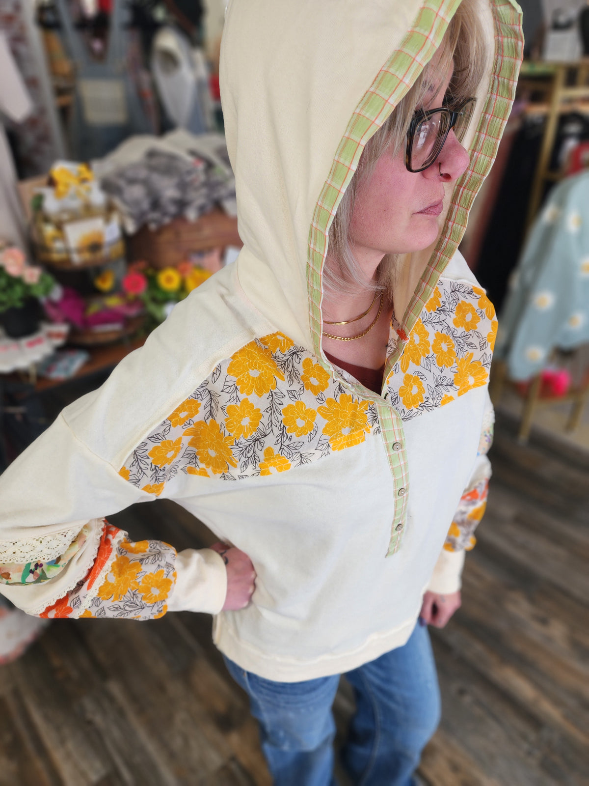 Boho Floral Patch Block long sleeve hoodie by Easel * on sale