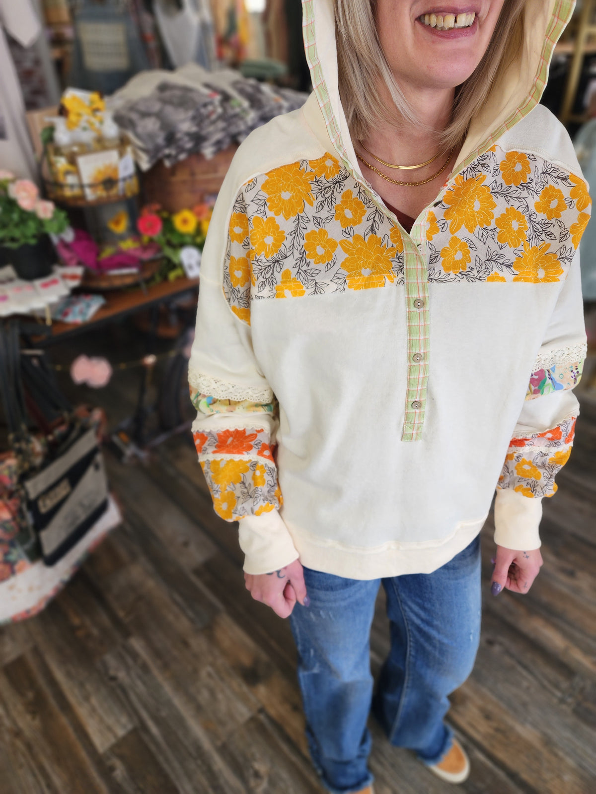 Boho Floral Patch Block long sleeve hoodie by Easel * on sale