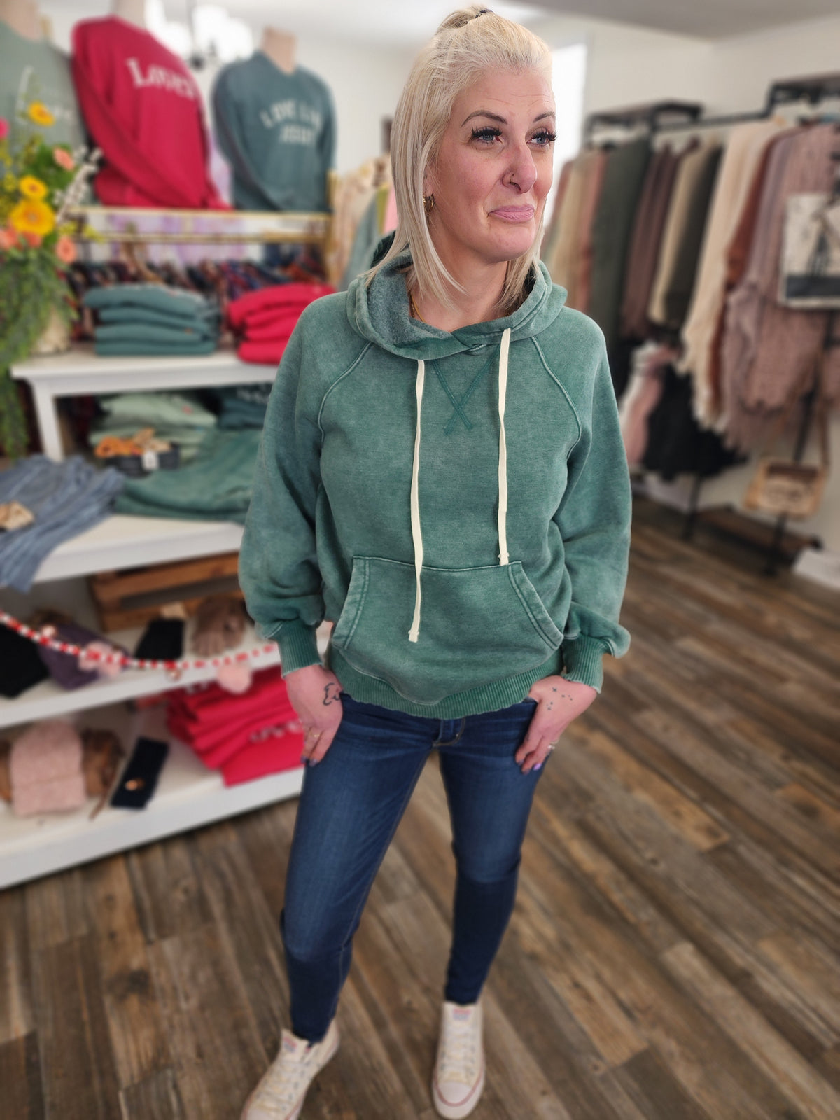 Dark Green Long Sleeve Sweater Hoodie * on sale