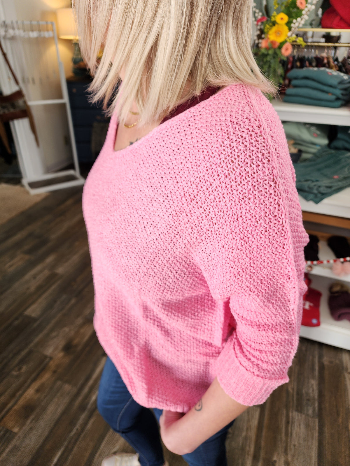 Sheer Long Sleeve Loose Knit Blouse Pink * on sale