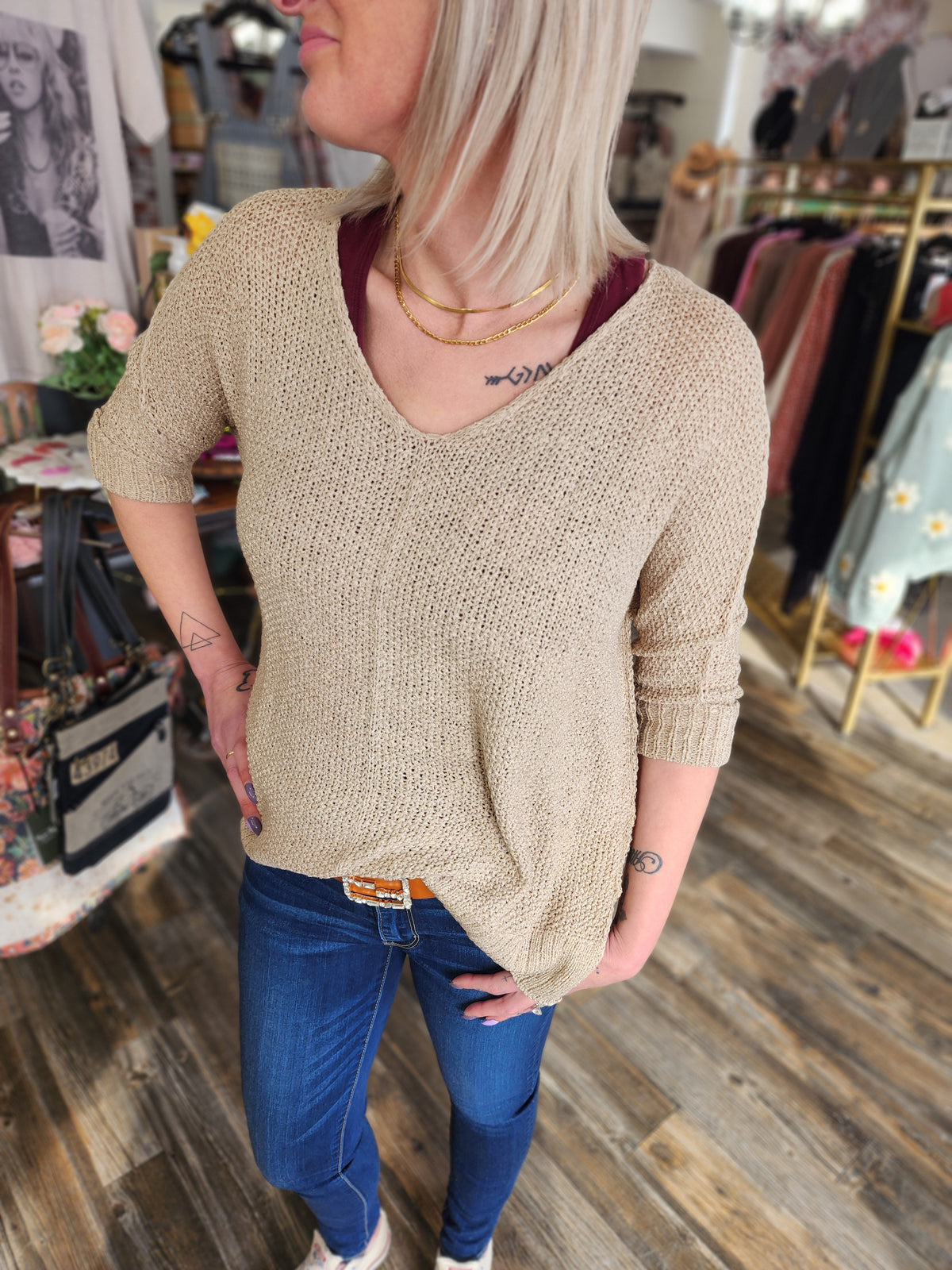 Sheer 3/4 Long Sleeve Loose Knit Blouse Taupe * on sale