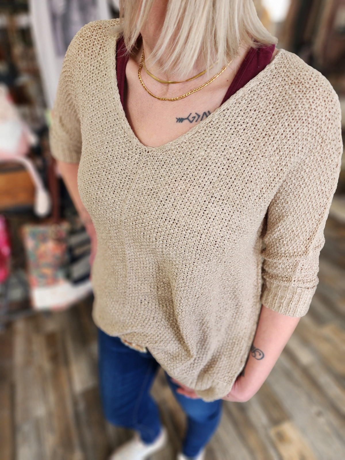 Sheer 3/4 Long Sleeve Loose Knit Blouse Taupe * on sale