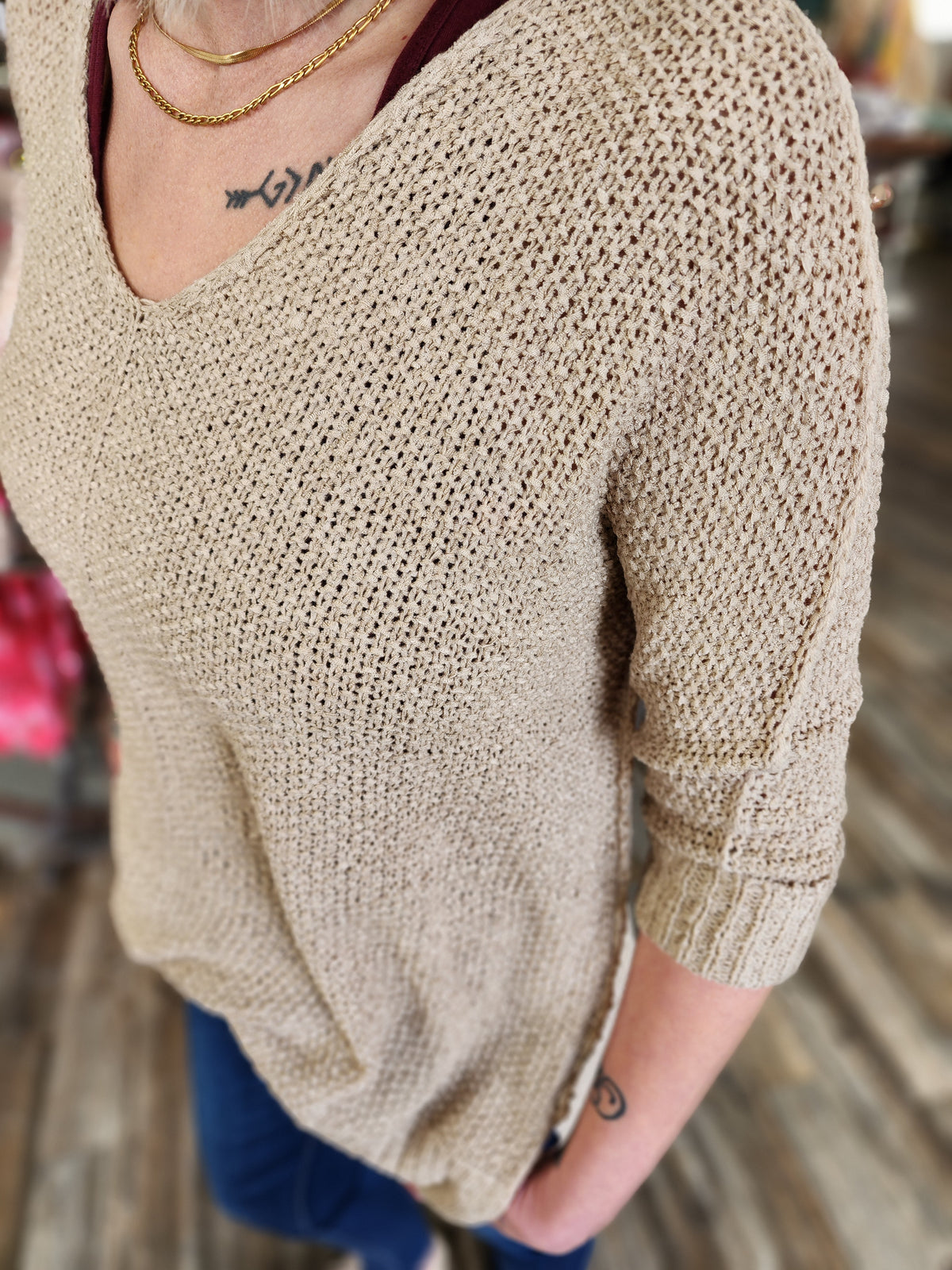 Sheer 3/4 Long Sleeve Loose Knit Blouse Taupe * on sale