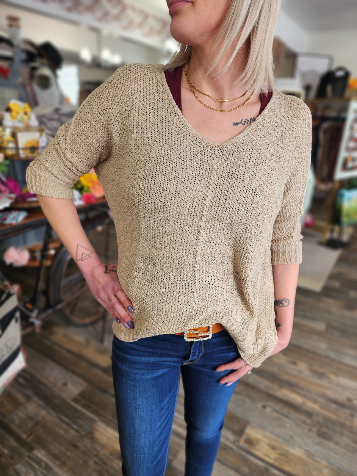 Sheer 3/4 Long Sleeve Loose Knit Blouse Taupe * on sale