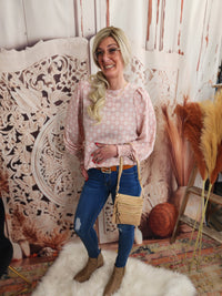 Round neckline puff sleeve woven top blouse : Pink * on sale