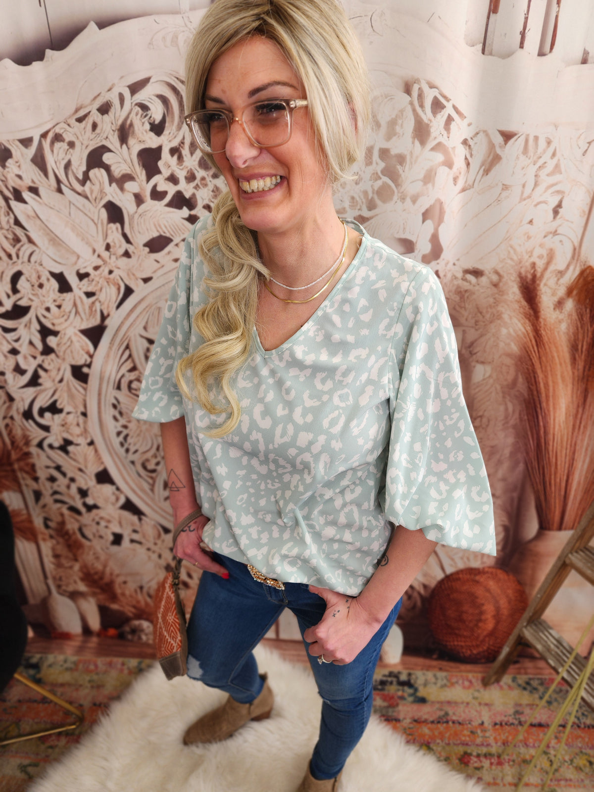 V-Neck Balloon Sleeve Animal Printed Woven Top Blouse : Mint * on sale