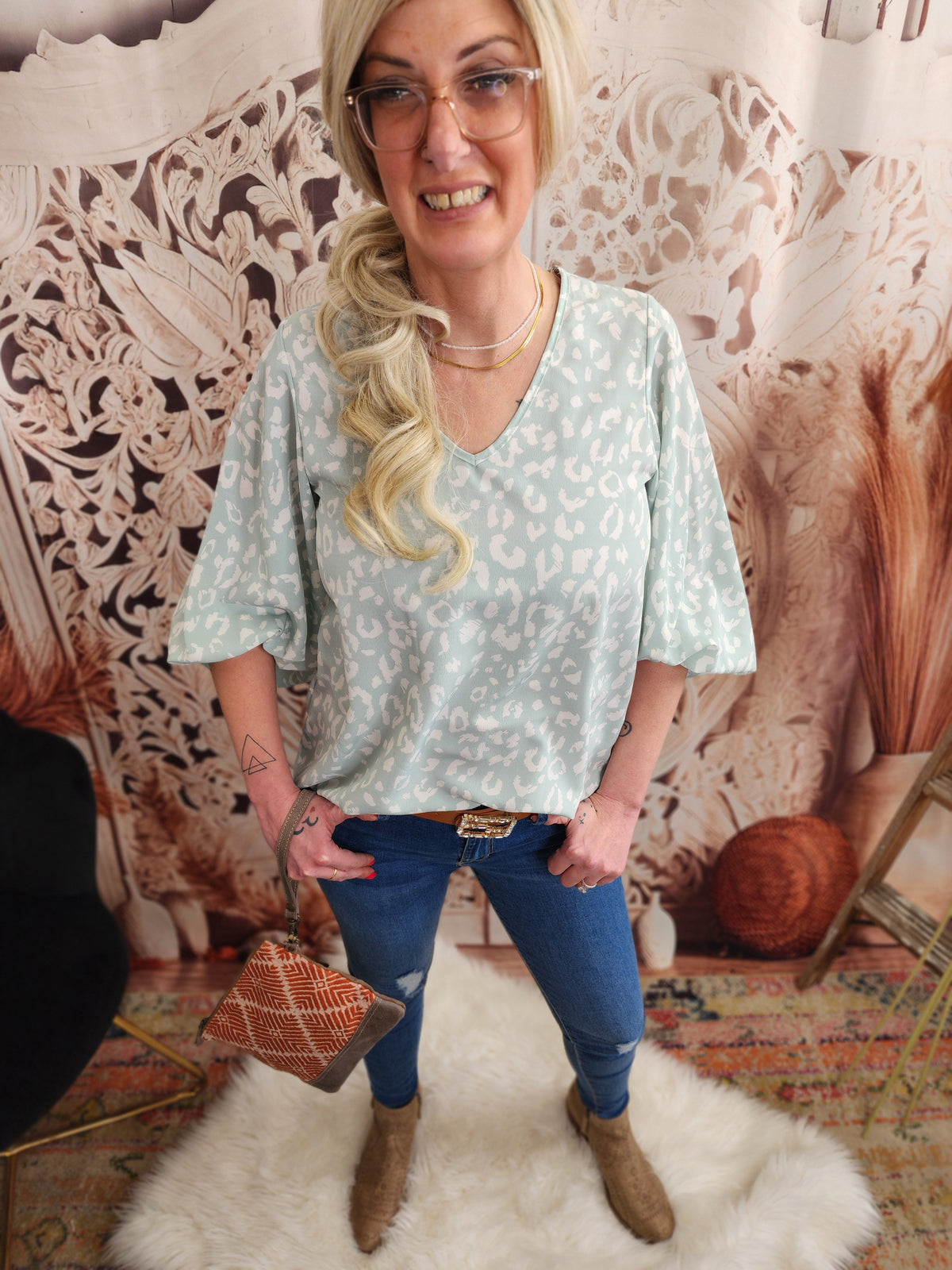 V-Neck Balloon Sleeve Animal Printed Woven Top Blouse : Mint * on sale