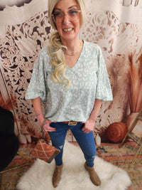 V-Neck Balloon Sleeve Animal Printed Woven Top Blouse : Mint * on sale
