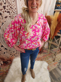 V-Neck Balloon Sleeve Floral Print Woven Blouse Top Blouse : Pink * on sale