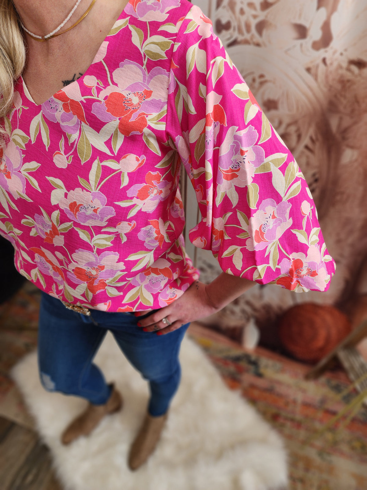 V-Neck Balloon Sleeve Floral Print Woven Blouse Top Blouse : Pink * on sale