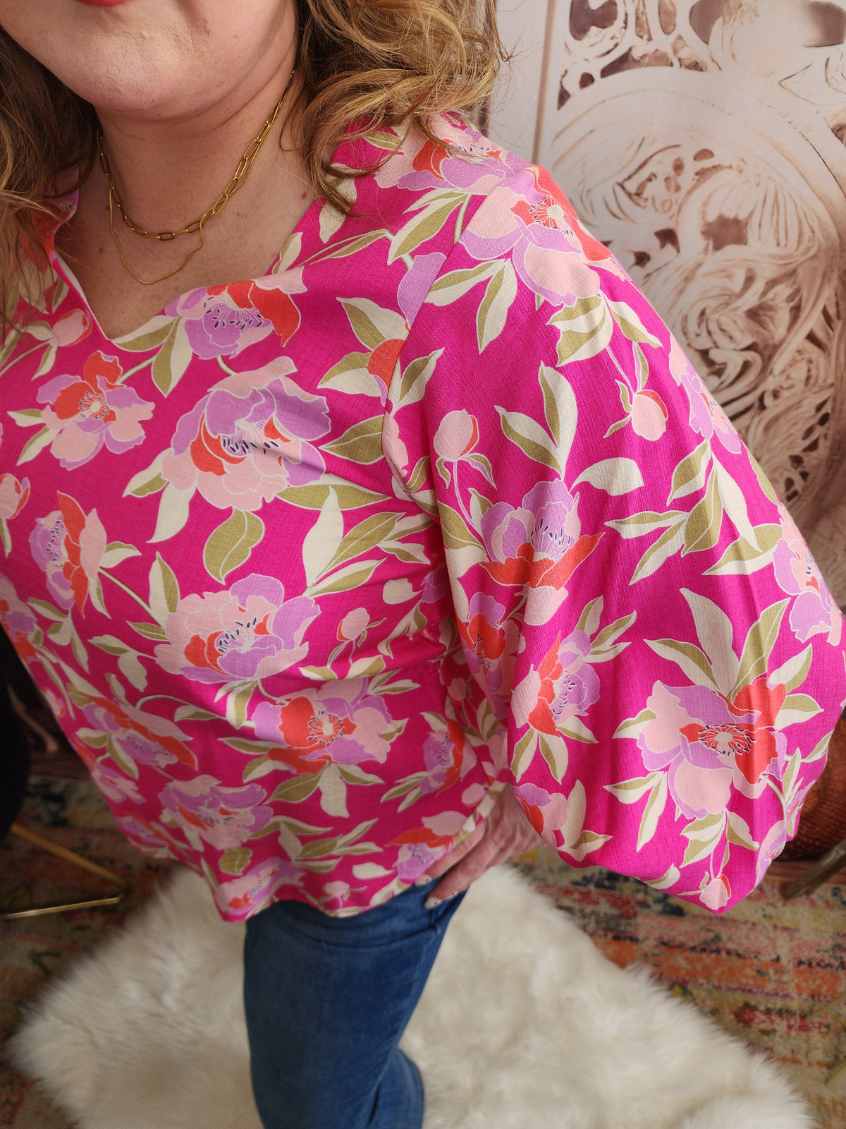 V-Neck Balloon Sleeve Floral Print Woven Blouse Top Blouse : Pink * on sale